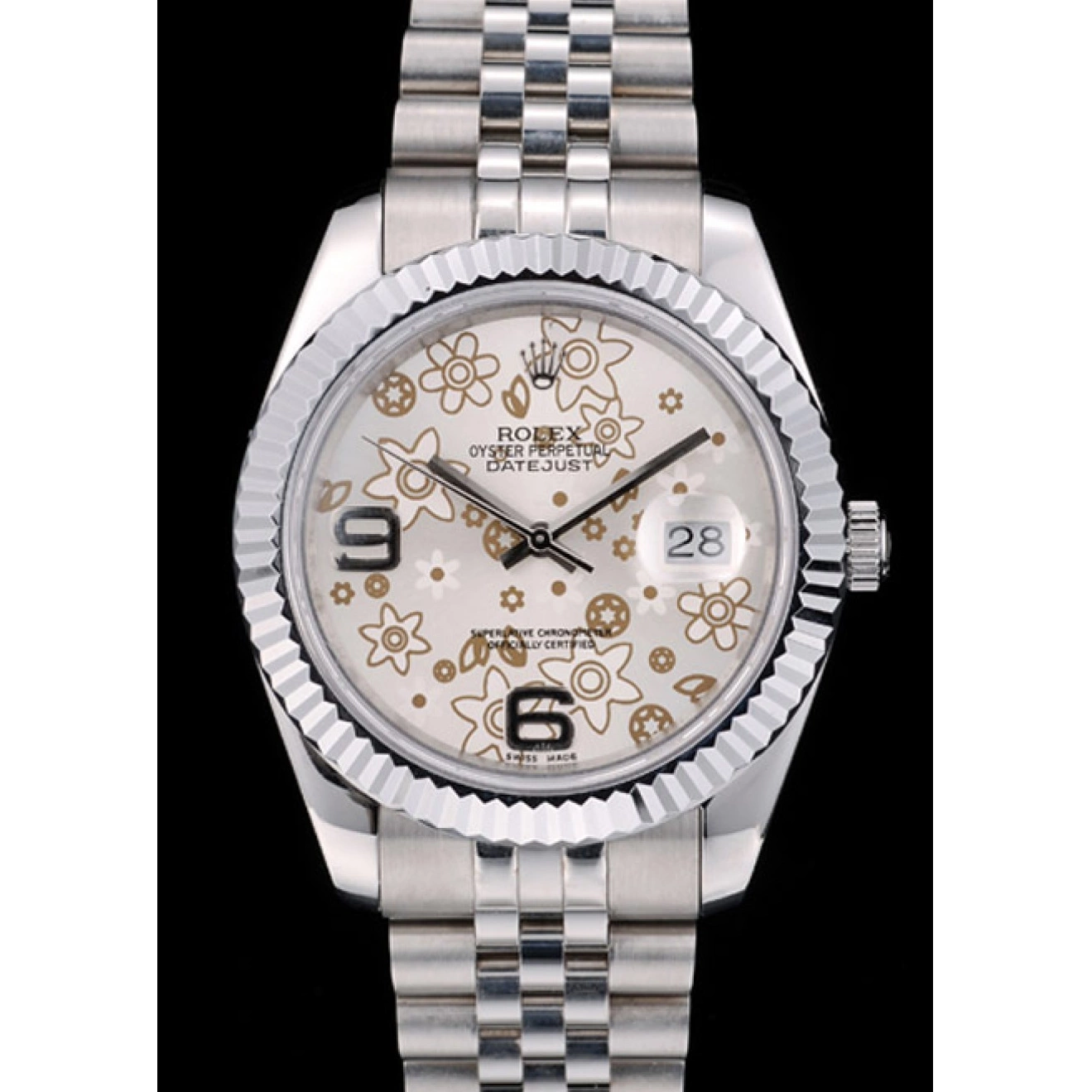 Aaa fake watches Stainless Bezel 42001 Steel Swiss Rolex DateJust Ribbed Silver Flower Dial 0820